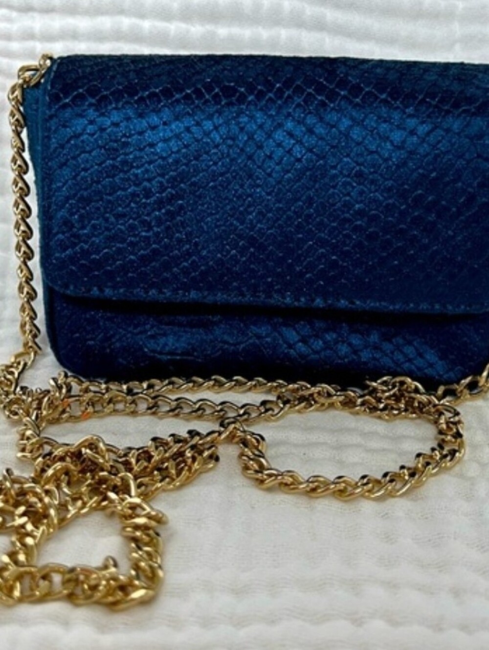 FAB Juicy Couture Navy Blue Textured Velvet Mini Crossbody w/ Gold Chain strap